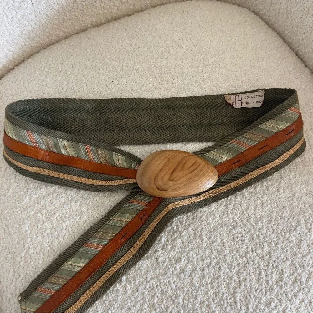 Olive Green Cotton Belt With Wooden Buckle